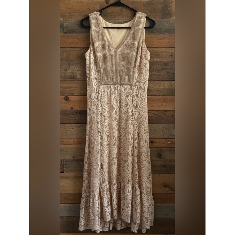 Reba Cream Floral Lace Embroidered Maxi Boho Romantic Dress Size Medium